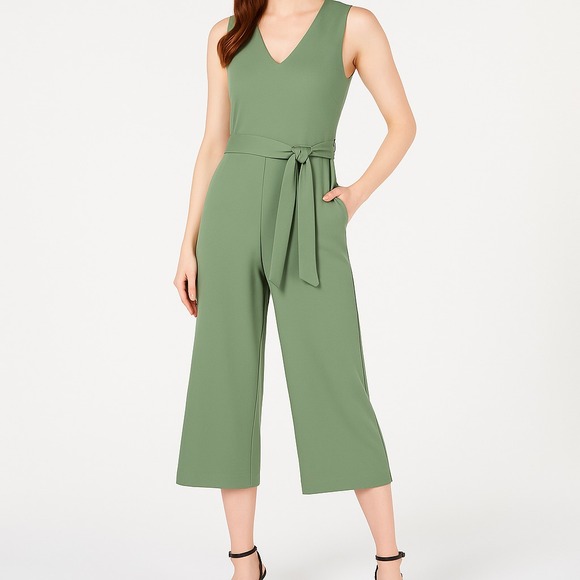 Calvin Klein Womens Cropped Jumpsuit Jadette Green Size 6 Belted Sleeveless - Picture 1 of 5